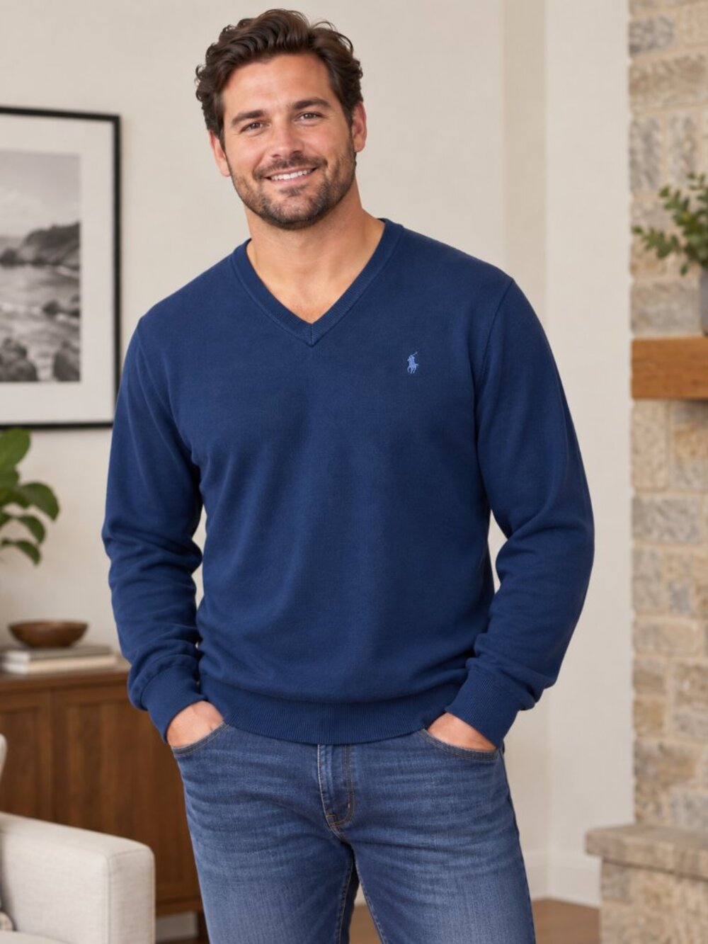 Polo Ralph Lauren Sweater Mens 2XL Navy Pima Cotton Pullover V Neck Preppy